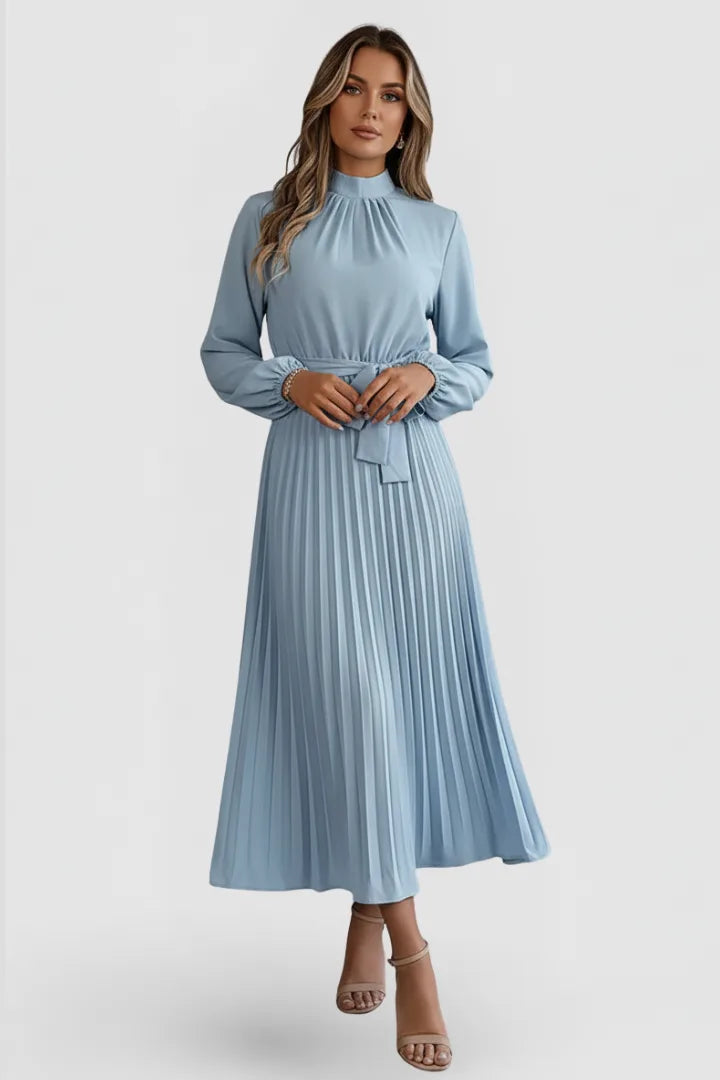 Women's Mock Neck Long Sleeve Pleated Midi Dress