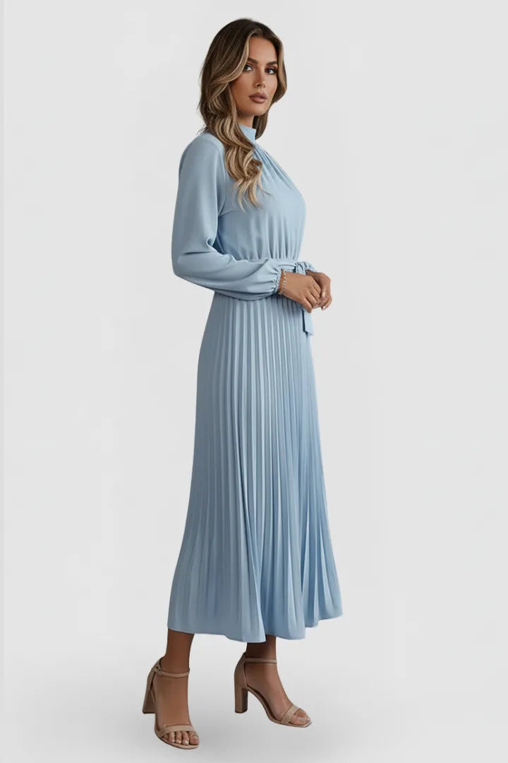 Women's Mock Neck Long Sleeve Pleated Midi Dress