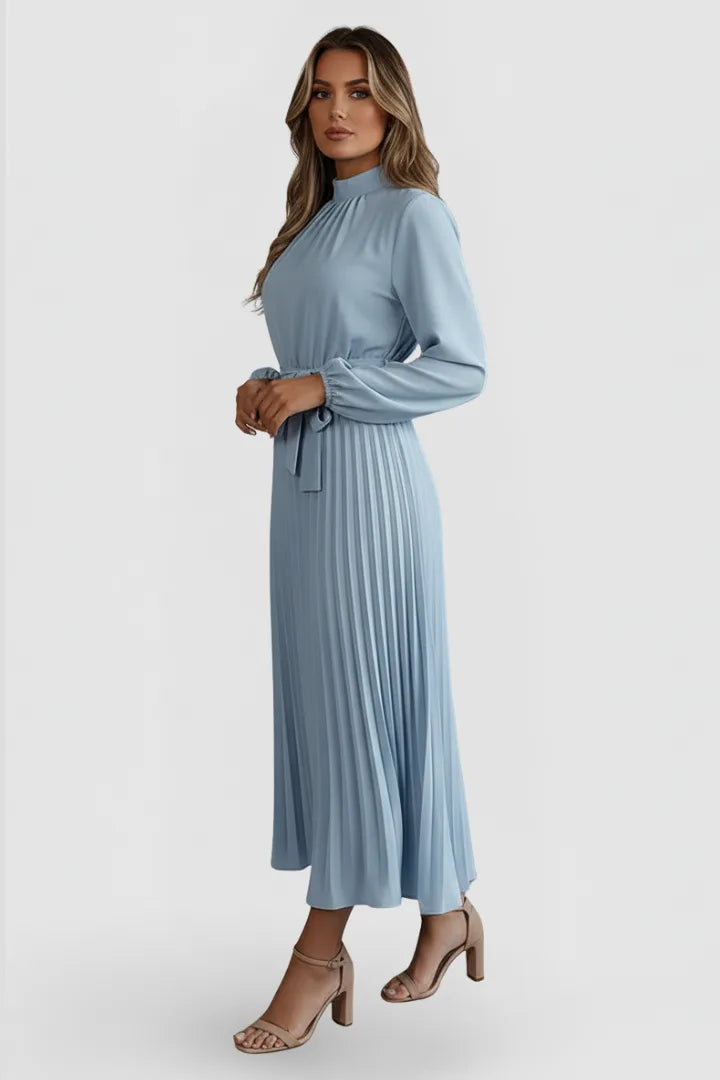 Women's Mock Neck Long Sleeve Pleated Midi Dress