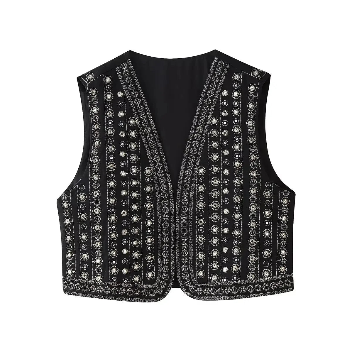 Women's open-front v-neck top with mirror work embroidery