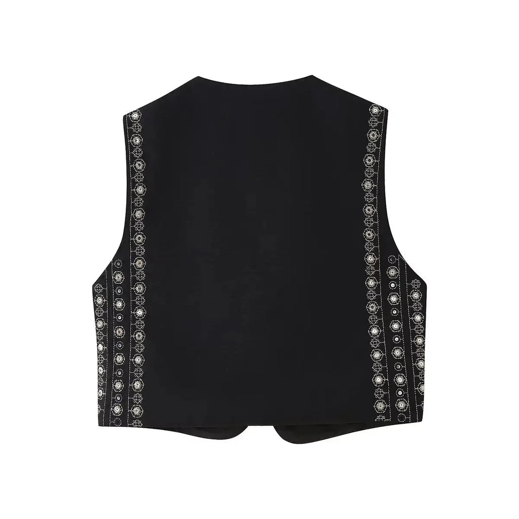 Women's open-front v-neck top with mirror work embroidery