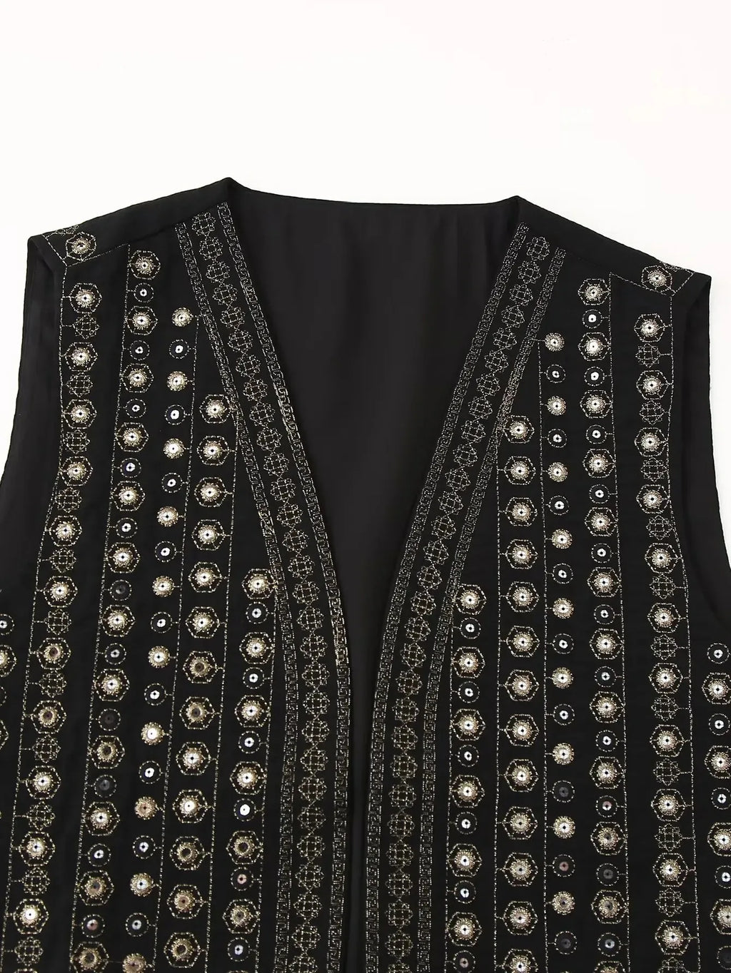 Women's open-front v-neck top with mirror work embroidery