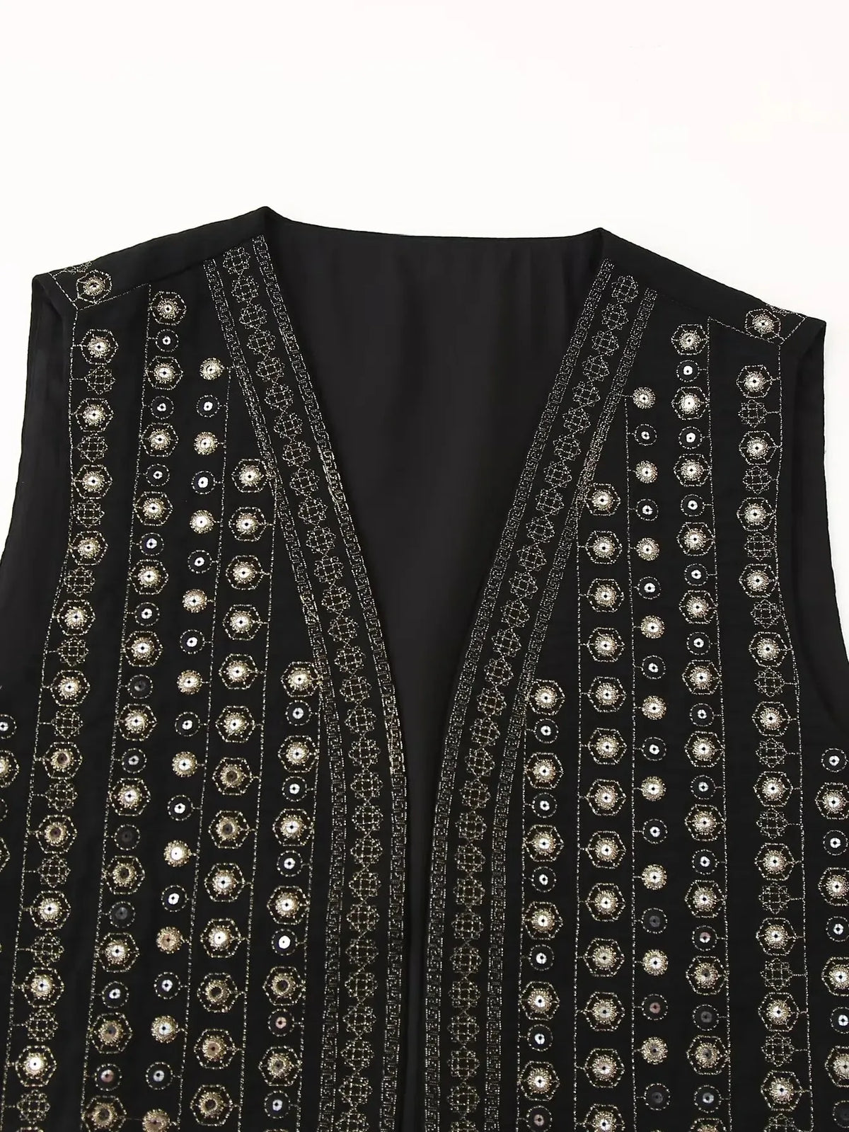 Women's open-front v-neck top with mirror work embroidery
