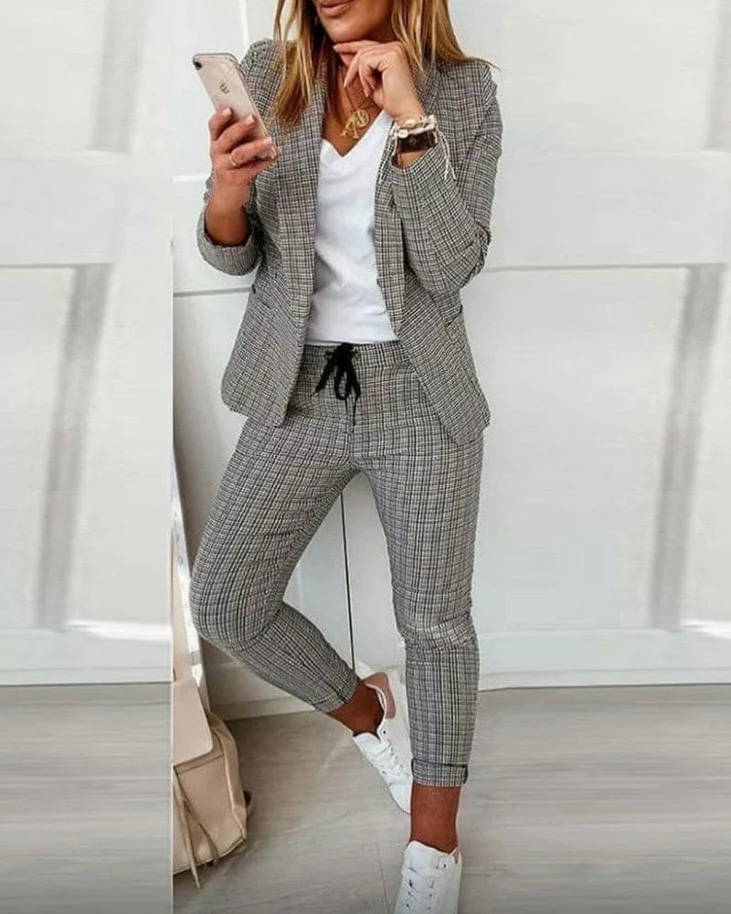 Women's Plaid Blazer Set Long Sleeve Jacket Slim Pants Suit