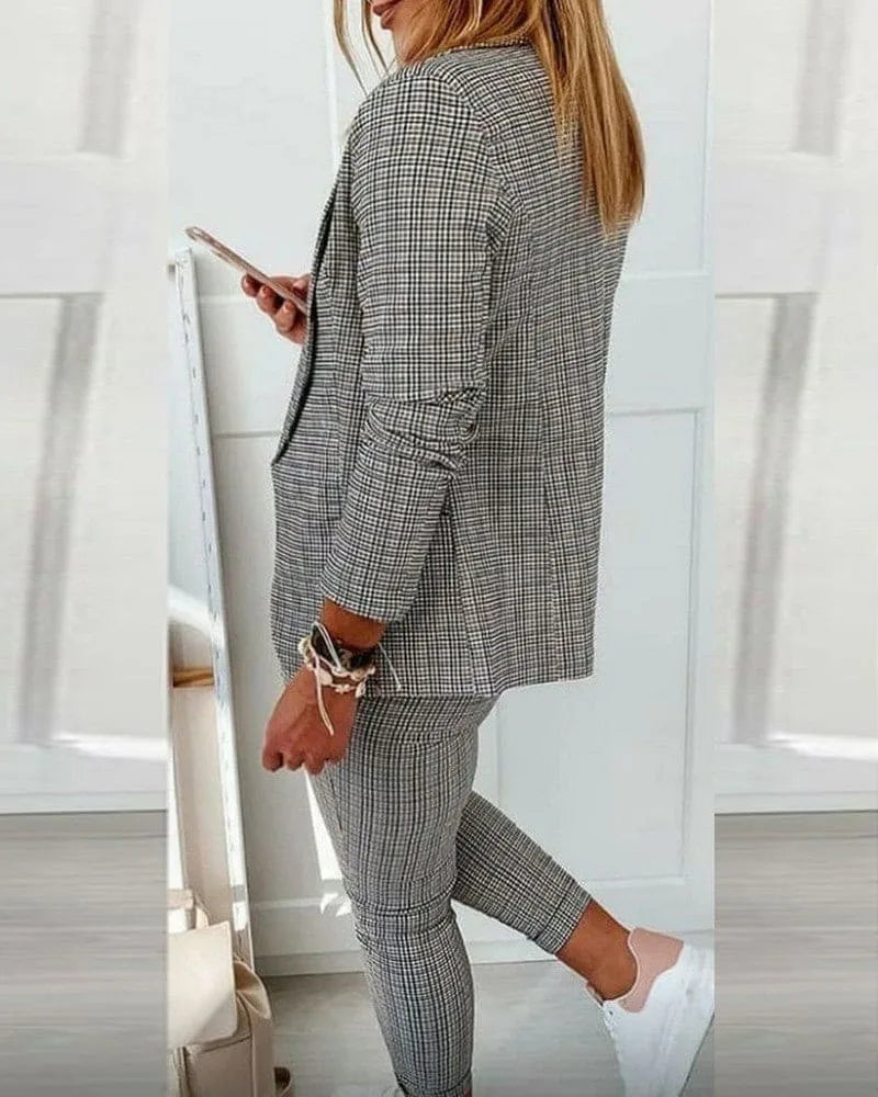 Women's Plaid Blazer Set Long Sleeve Jacket Slim Pants Suit