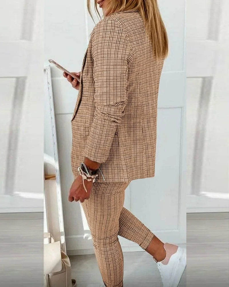 Women's Plaid Blazer Set Long Sleeve Jacket Slim Pants Suit