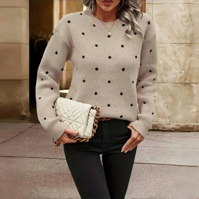 Women's polka dot knit crew neck sweater with small dots