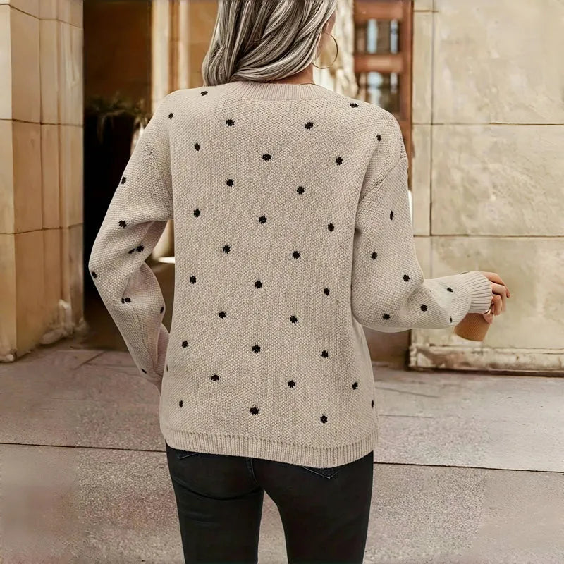 Women's polka dot knit crew neck sweater with small dots