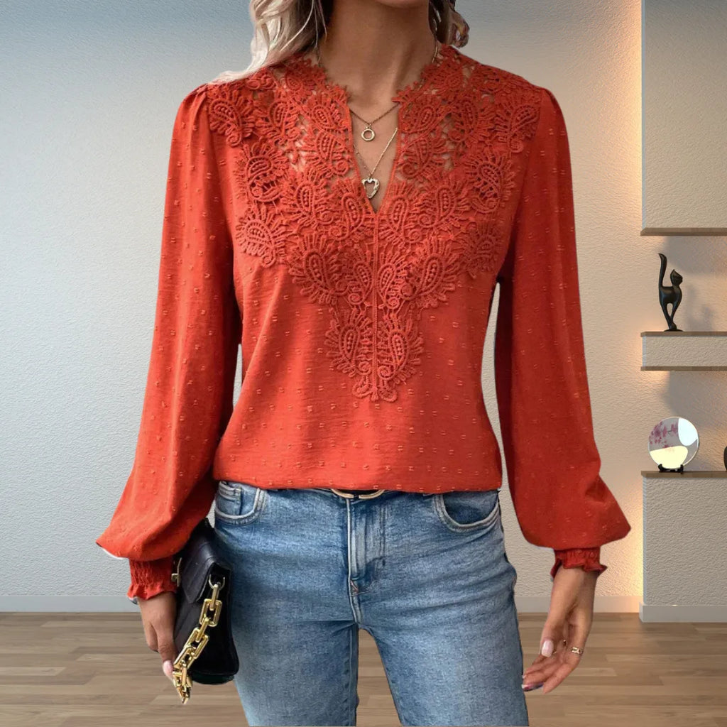 Women's polka dot v-neck blouse with lace applique front