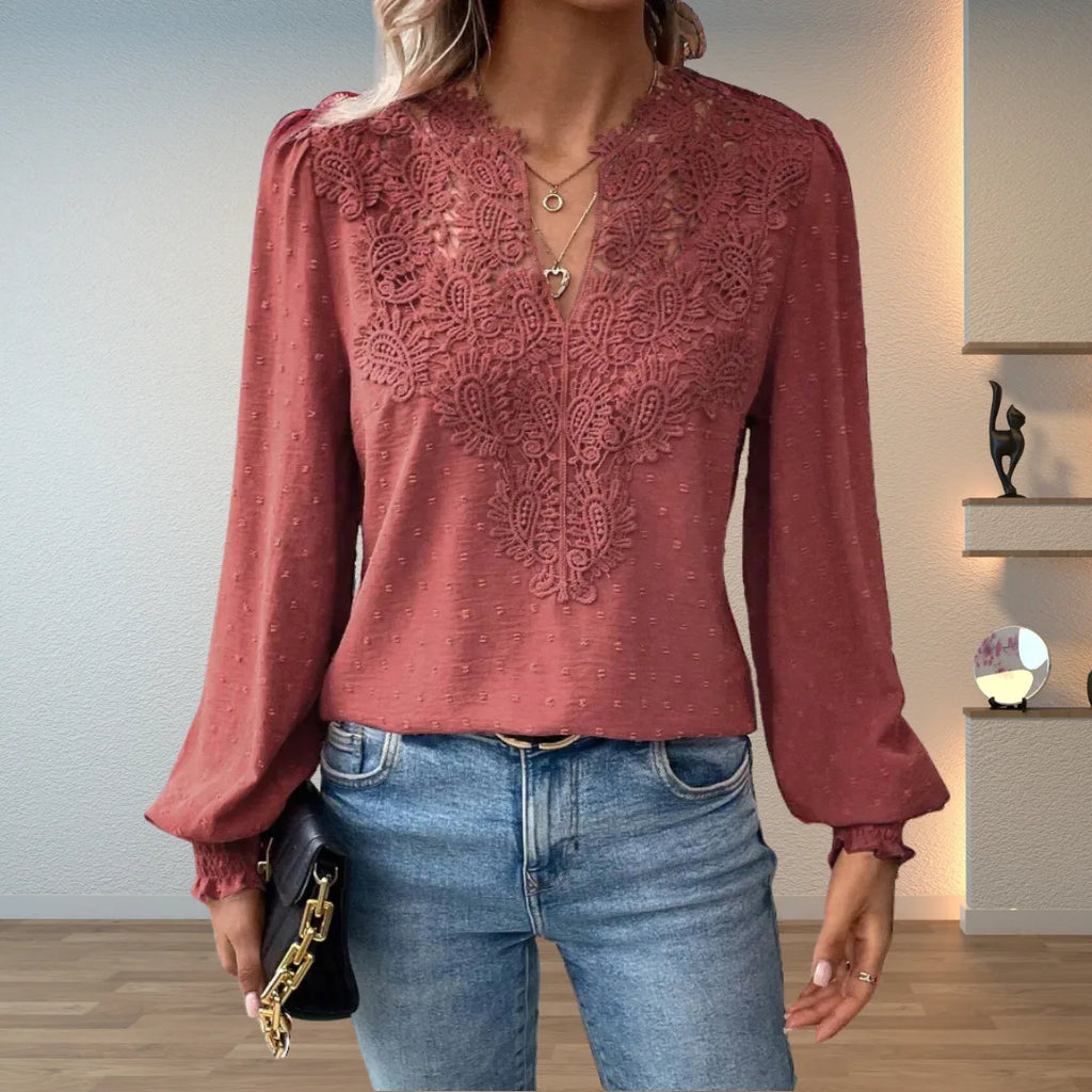 Women's polka dot v-neck blouse with lace applique front