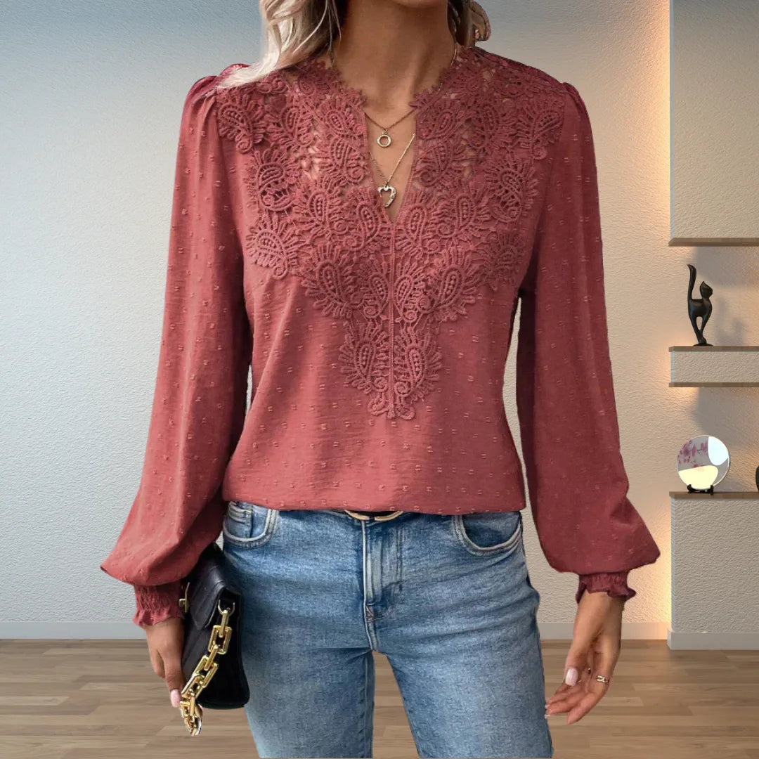 Women's polka dot v-neck blouse with lace applique front