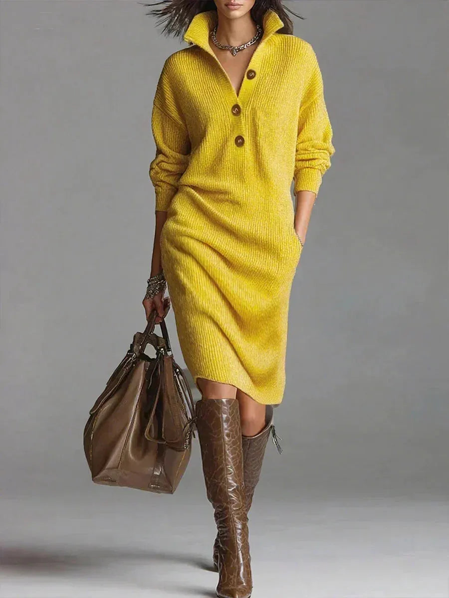 Women's ribbed button-front collared sweater dress with side pockets