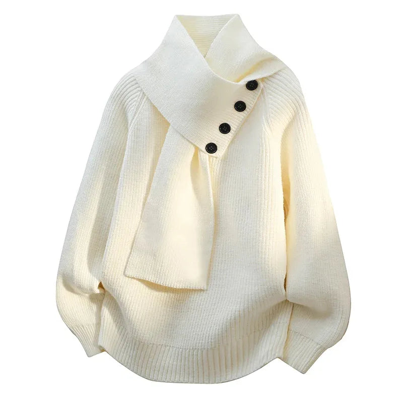 Women's ribbed button-front stand collar sweater with integrated scarf