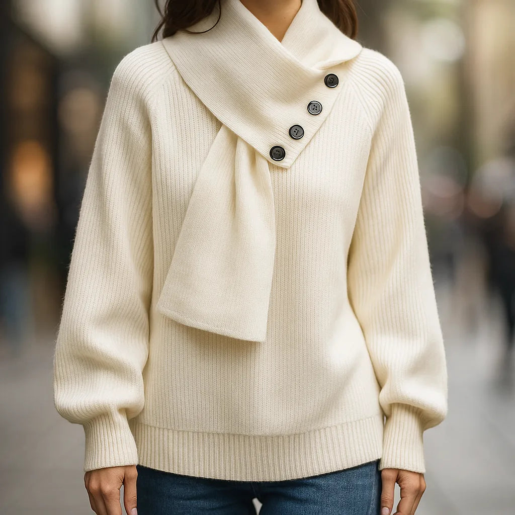 Women's ribbed button-front stand collar sweater with integrated scarf