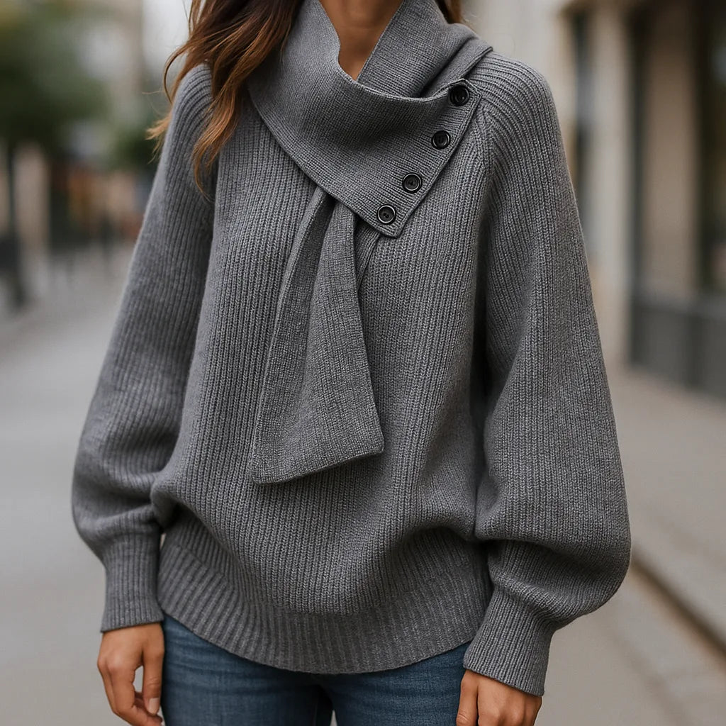 Women's ribbed button-front stand collar sweater with integrated scarf