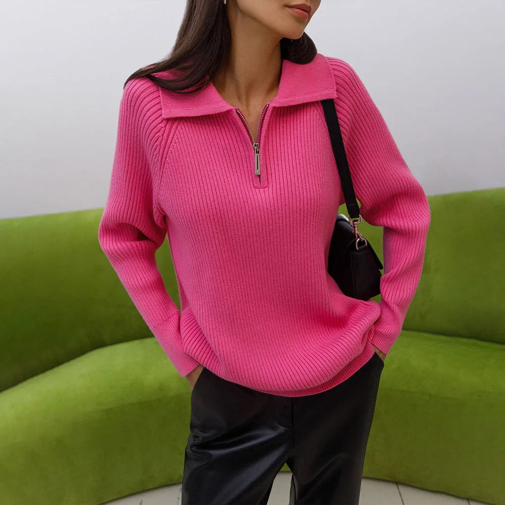 Women's ribbed collared half zip sweater