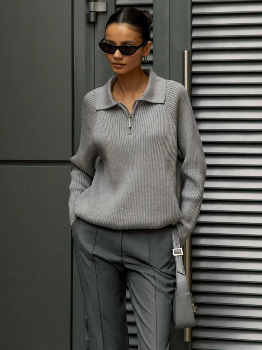 Women's ribbed collared half zip sweater