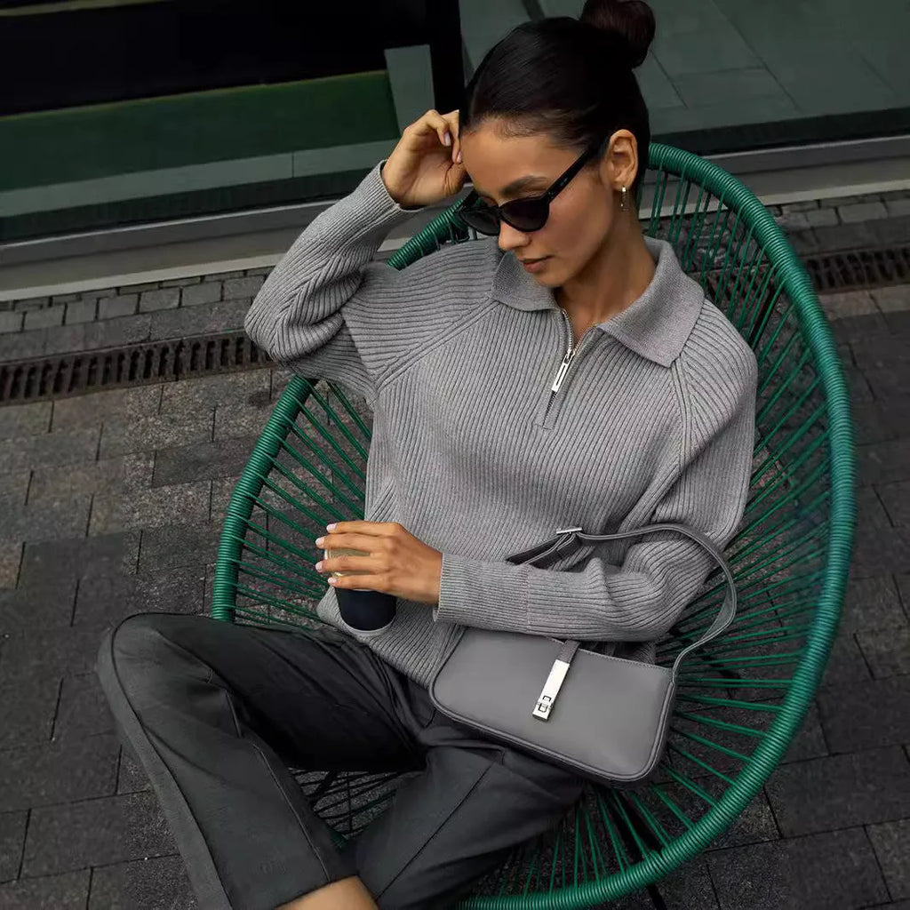 Women's ribbed collared half zip sweater