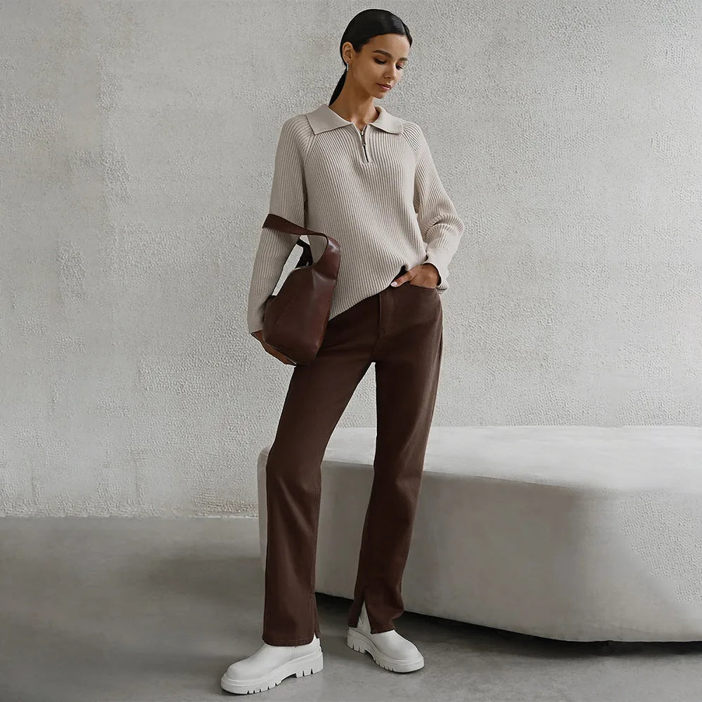 Women's ribbed collared half zip sweater