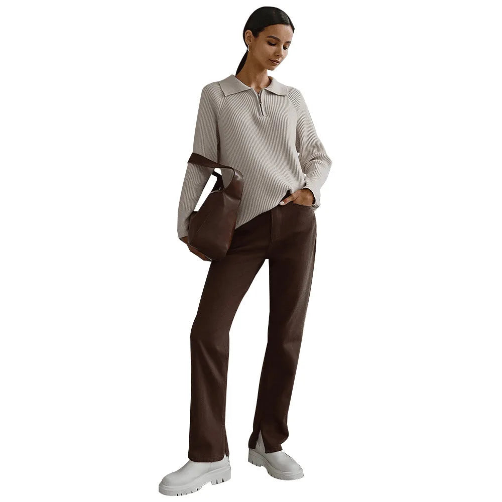 Women's ribbed collared half zip sweater