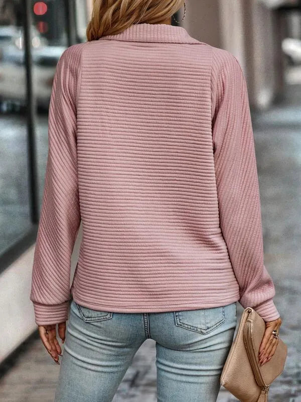 Women's ribbed stand collar half zip sweater