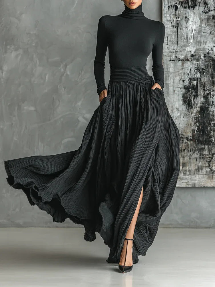 Women's roll neck two piece set with pleated maxi skirt
