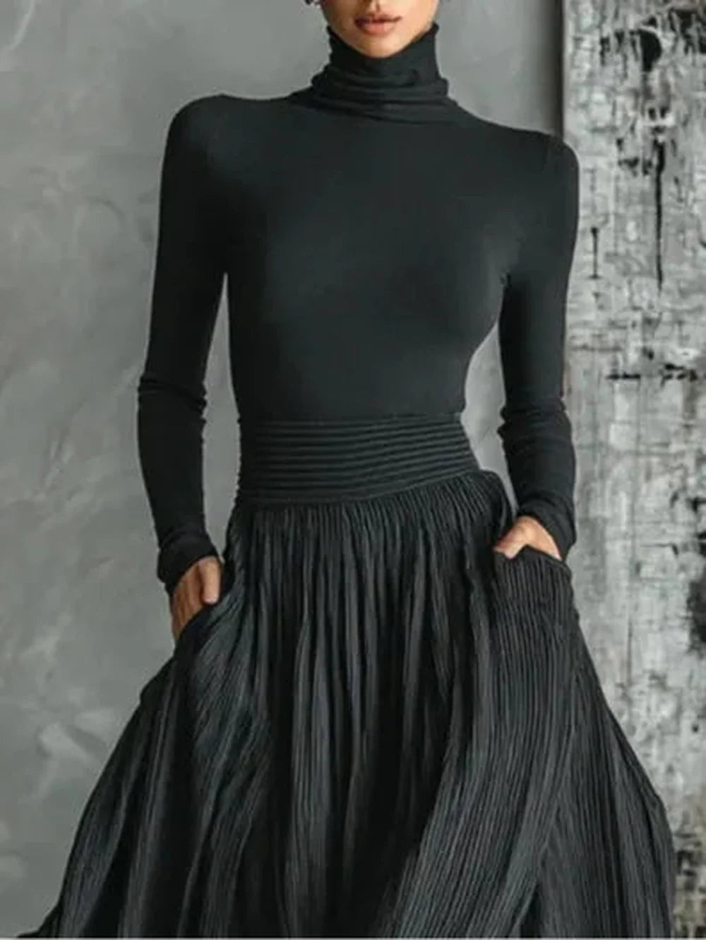 Women's roll neck two piece set with pleated maxi skirt