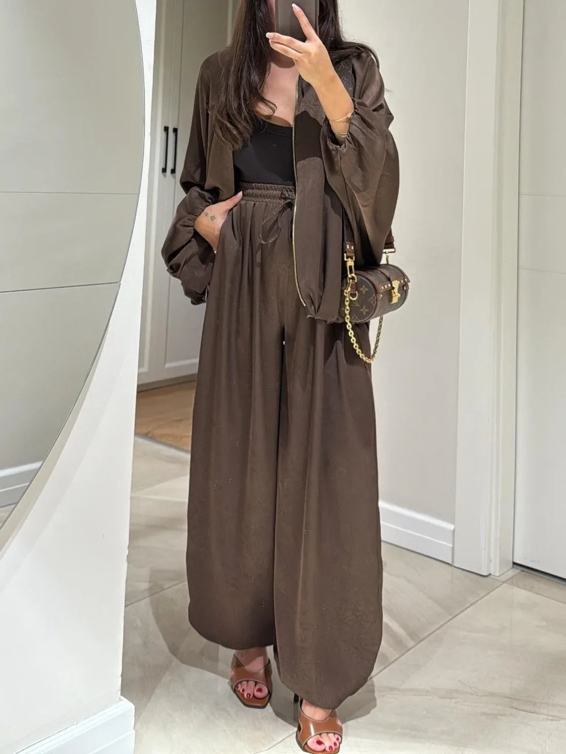 Women's satin zip-up stand collar two piece set with wide leg pants