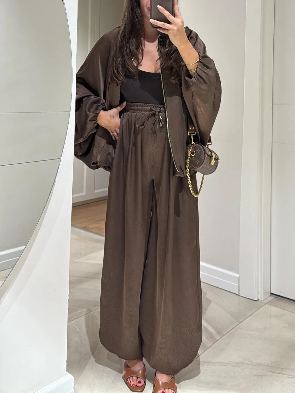 Women's satin zip-up stand collar two piece set with wide leg pants