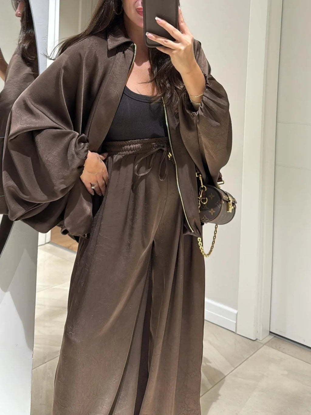 Women's satin zip-up stand collar two piece set with wide leg pants