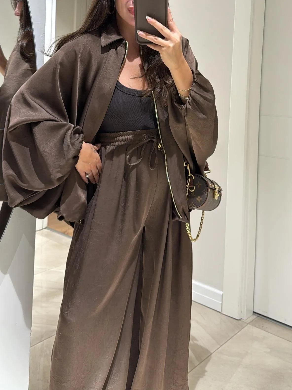 Women's satin zip-up stand collar two piece set with wide leg pants