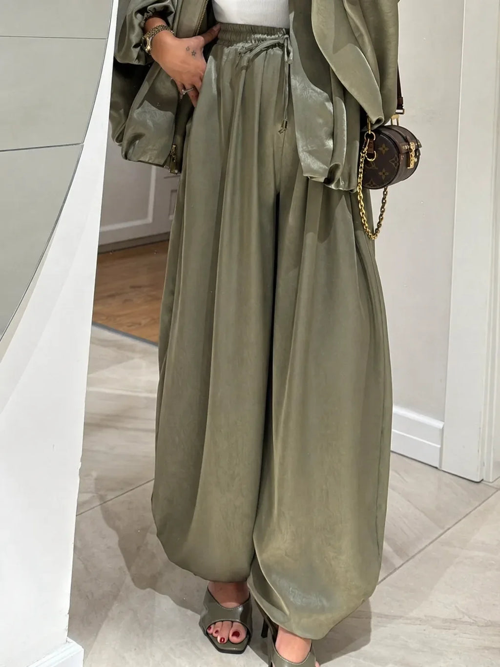 Women's satin zip-up stand collar two piece set with wide leg pants