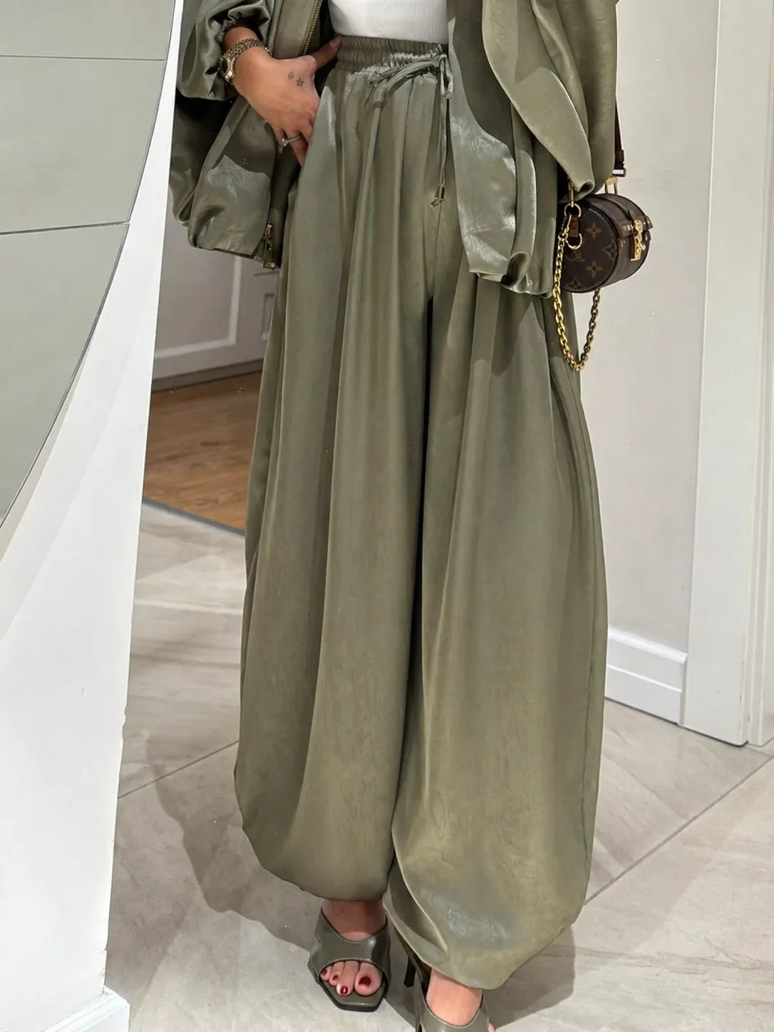 Women's satin zip-up stand collar two piece set with wide leg pants