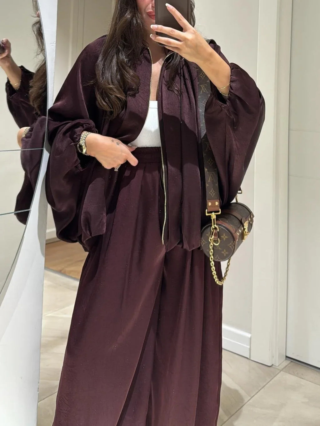 Women's satin zip-up stand collar two piece set with wide leg pants
