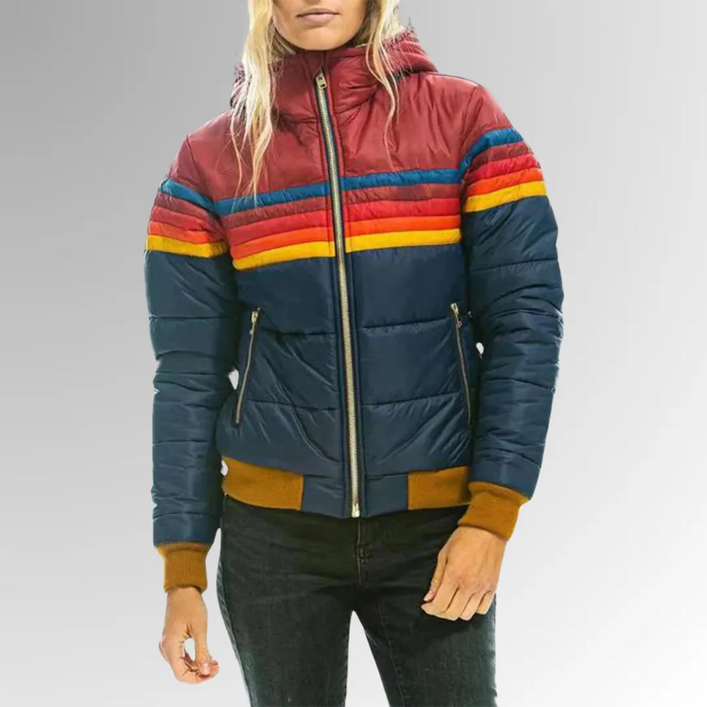 Women's striped quilted zip-up puffer jacket with ribbed cuffs and hem