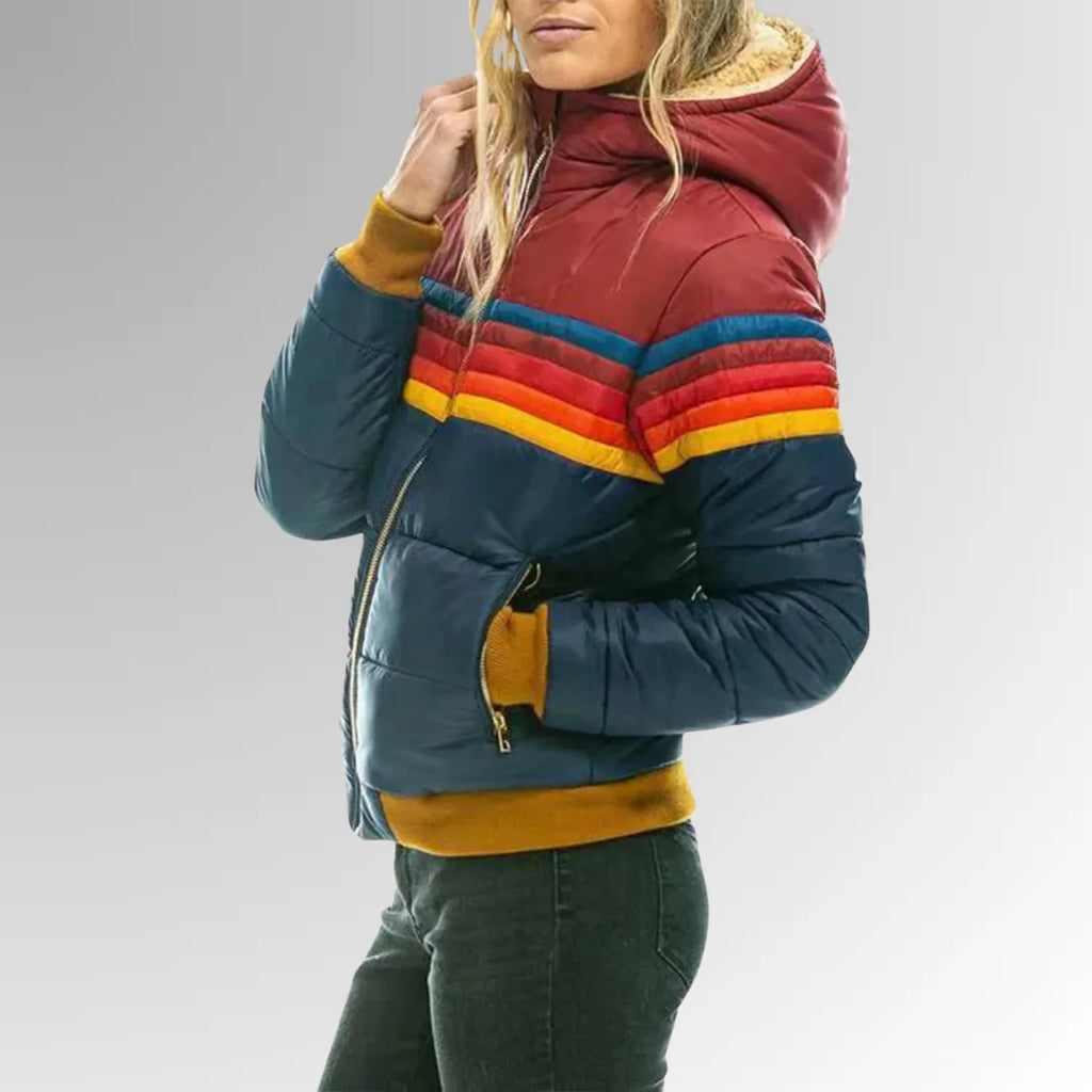 Women's striped quilted zip-up puffer jacket with ribbed cuffs and hem