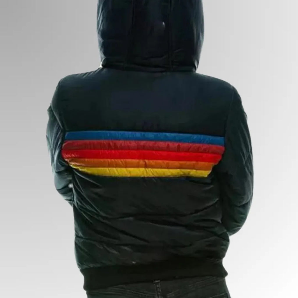 Women's striped quilted zip-up puffer jacket with ribbed cuffs and hem