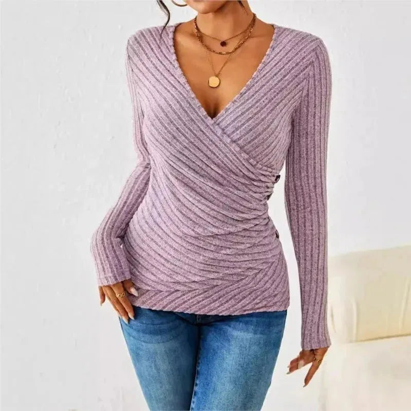 Women's striped ribbed wrap top with side buttons