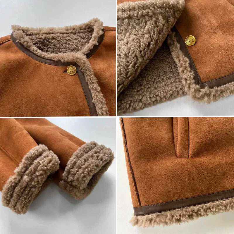 Women's suede button-front jacket with sherpa trim