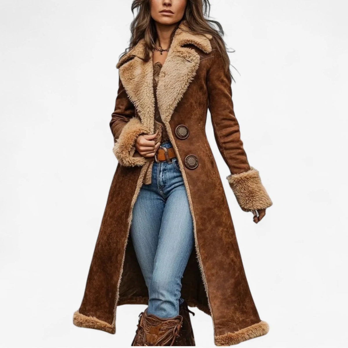 Women's suede double-breasted notch lapel faux fur coat with lining