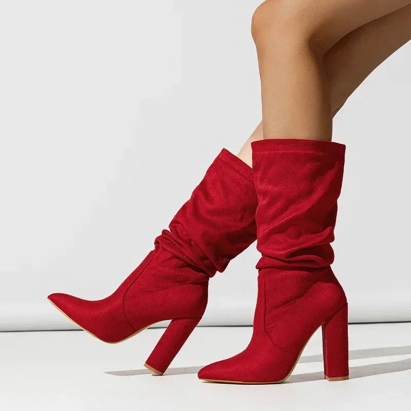 Women's suede knee high boots with slouchy shaft