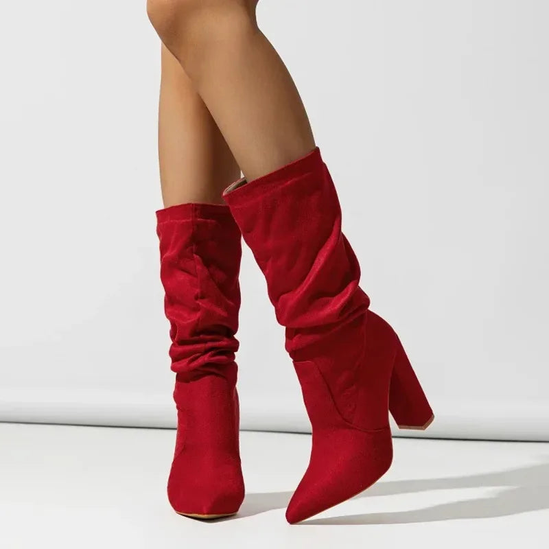 Women's suede knee high boots with slouchy shaft