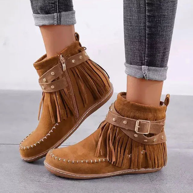 Women's suede side zip ankle boots with fringe
