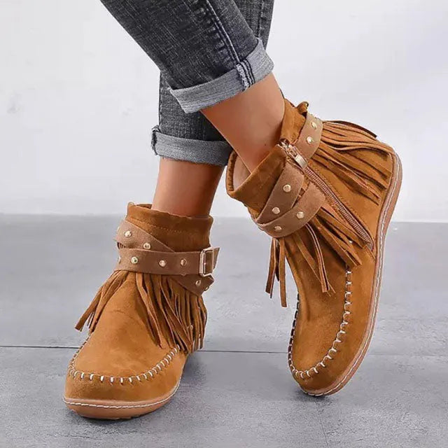 Women's suede side zip ankle boots with fringe
