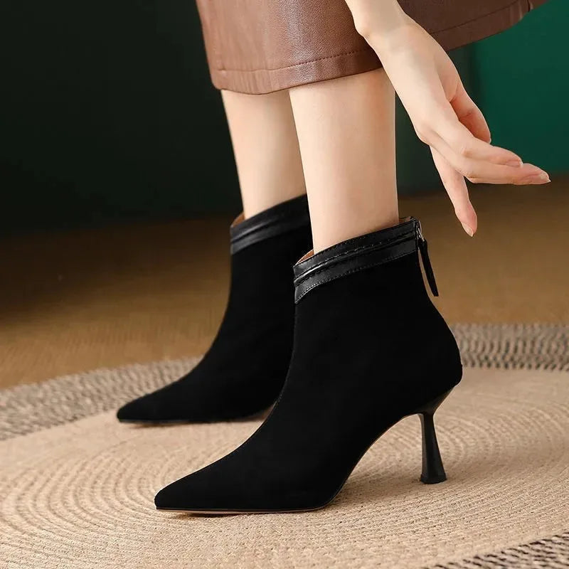 Women's suede side zip ankle boots with pointed toe