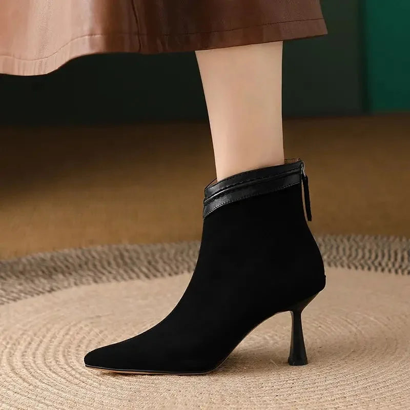 Women's suede side zip ankle boots with pointed toe