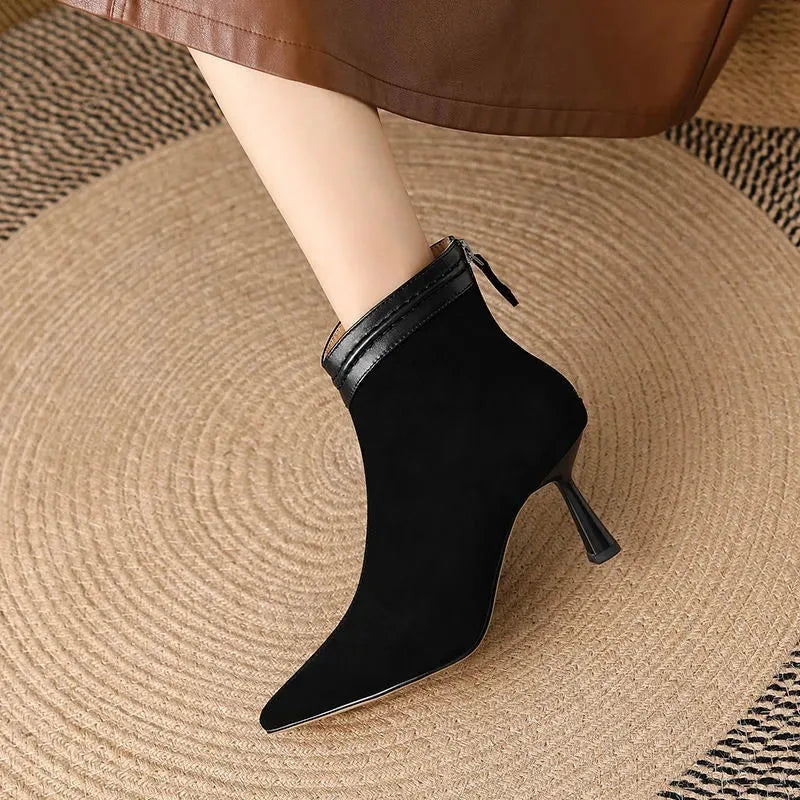 Women's suede side zip ankle boots with pointed toe