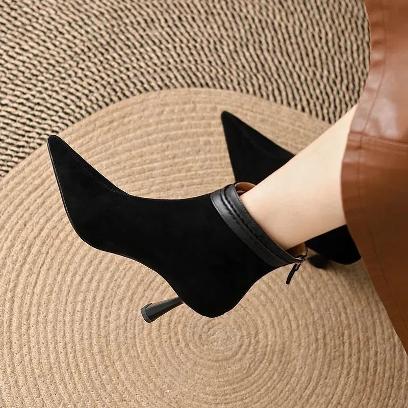 Women's suede side zip ankle boots with pointed toe