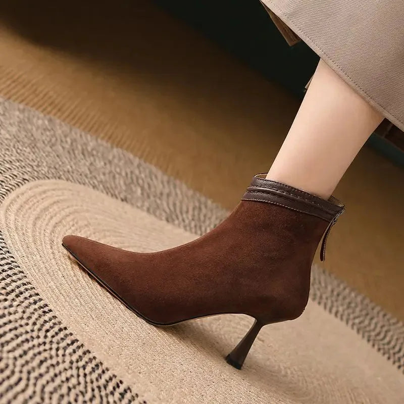 Women's suede side zip ankle boots with pointed toe