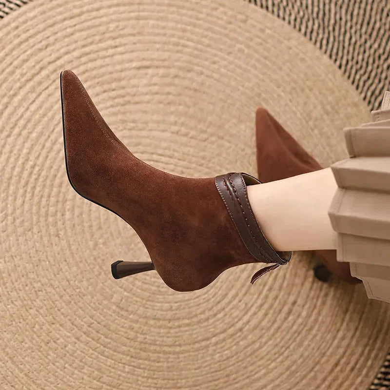 Women's suede side zip ankle boots with pointed toe